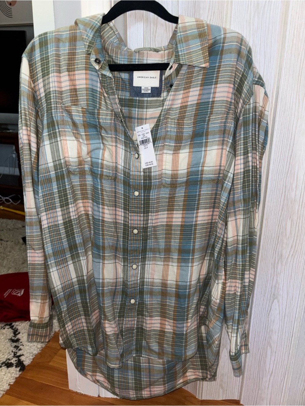 American Eagle Outfitters Plaid Button-Down Shirt in Green, Blue, Cream
